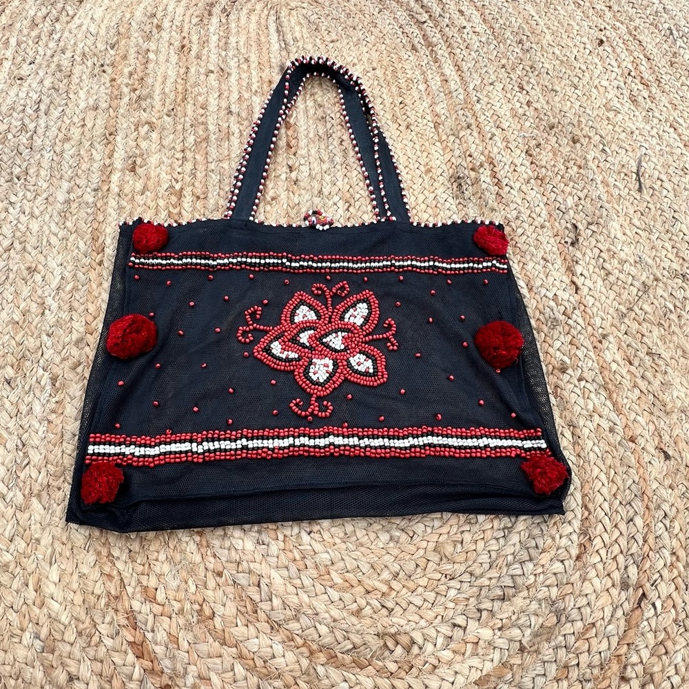Embroidered Black and Red Tote Bag